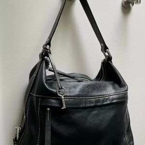 Fossil Black Pebbled Leather Hobo Satchel Tote Bag with Silver Key Charm